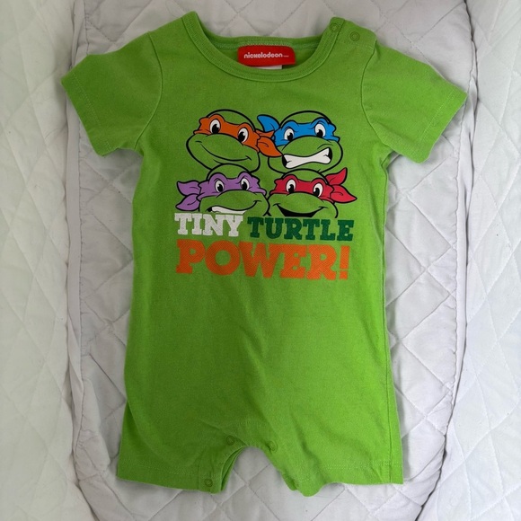 ⭒ 6-12M Nickelodeon Two Ninja Turtles 2015 Green Rompers Pyjamas Striped ⭒ - Picture 2 of 11